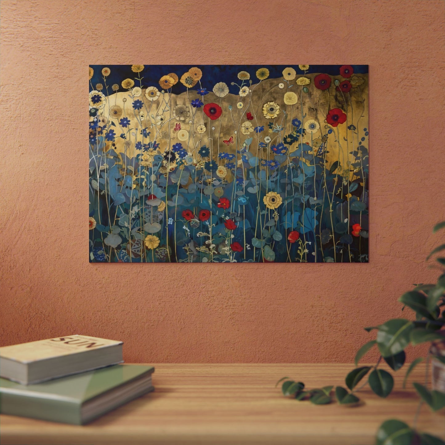 Floral Field Aluminum Art Panel — Gold & Teal Wildflower Wall Decor