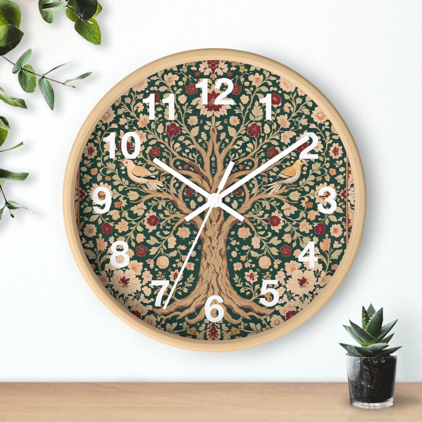 Floral Tree of Life Wall Clock | Vintage Botanical Design, Green & Red