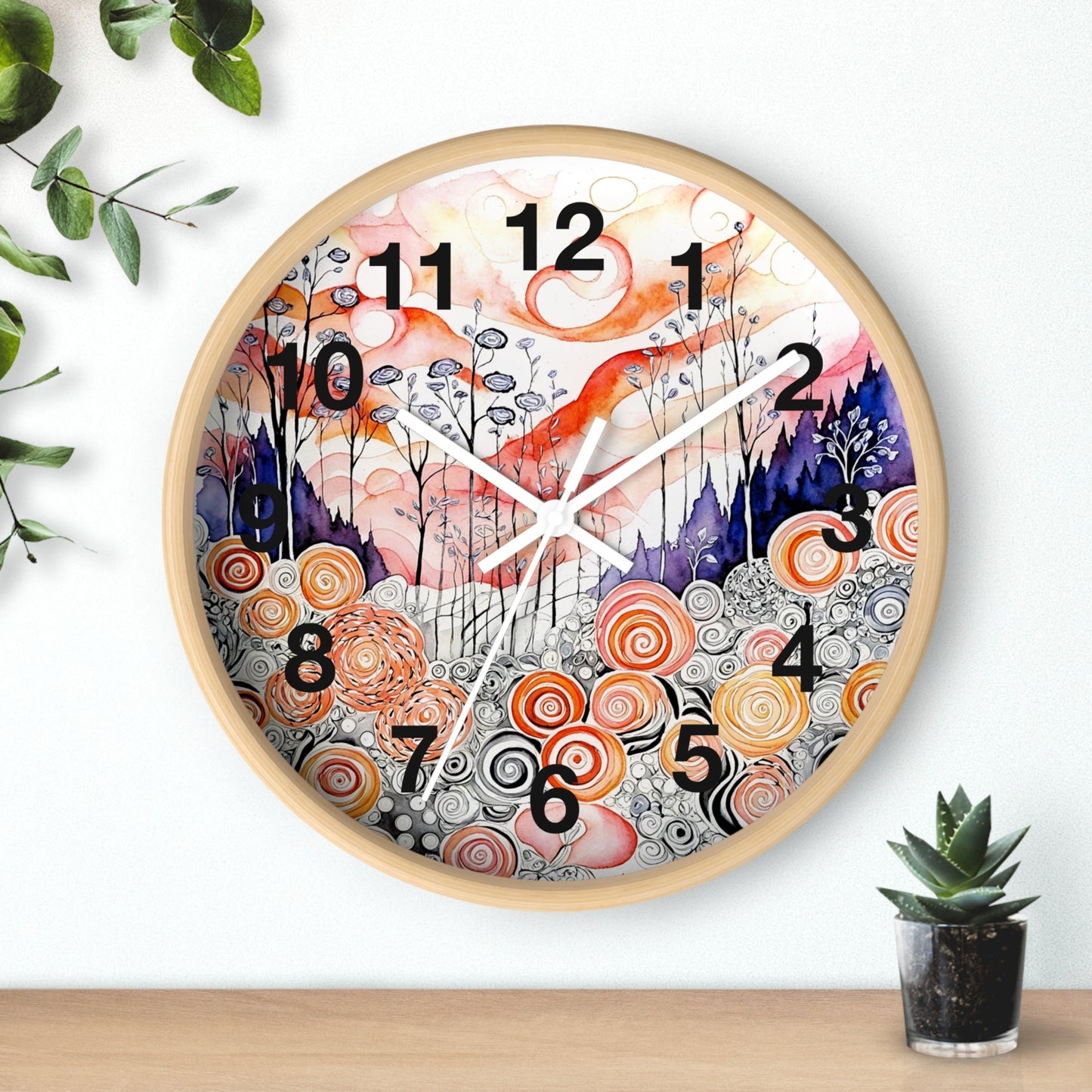 Whimsical Swirl Garden Wall Clock | Abstract Floral Landscape