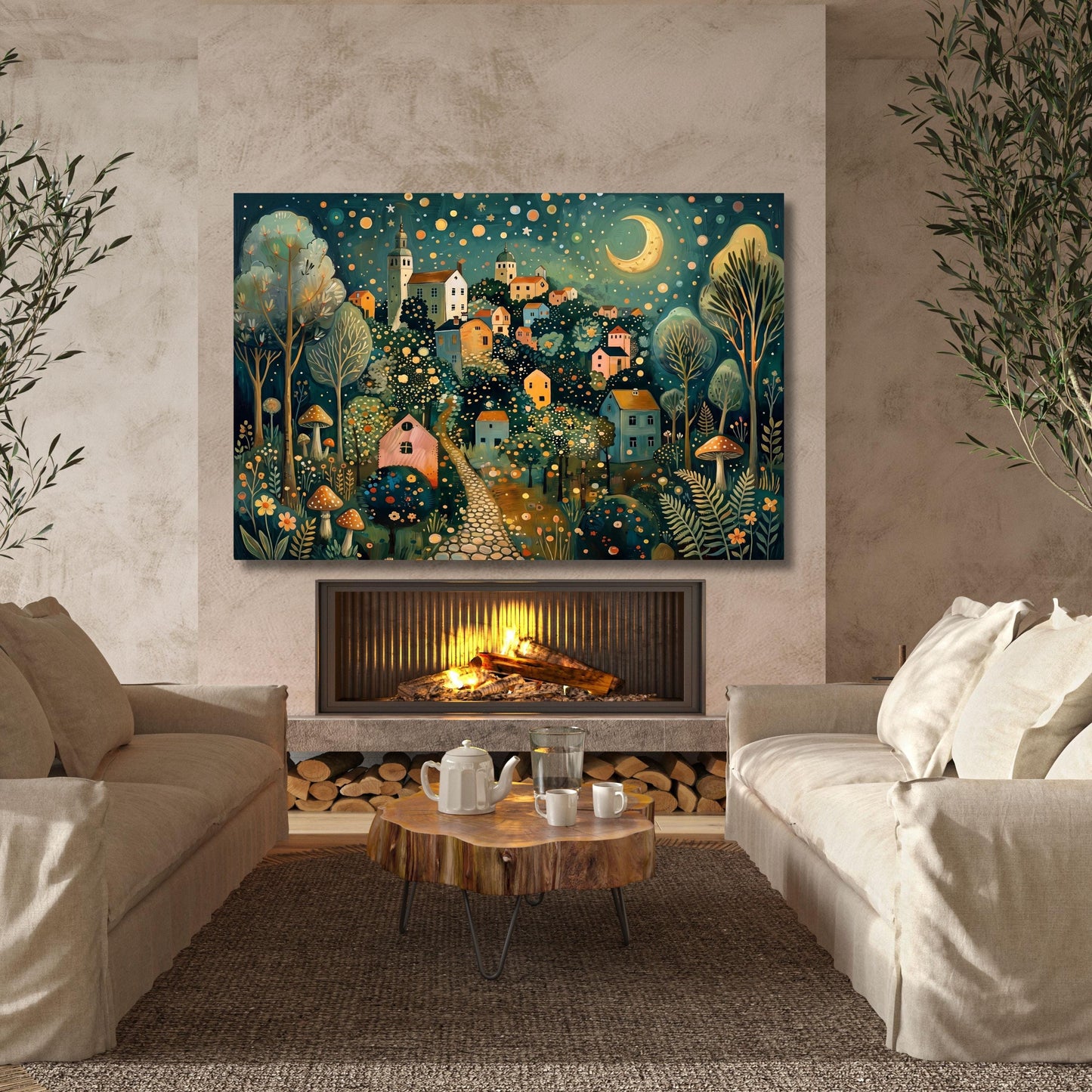 Klimt Style Whimsical Night Village Canvas Wall Art – Moonlit Forest Landscape Fantasy Decor