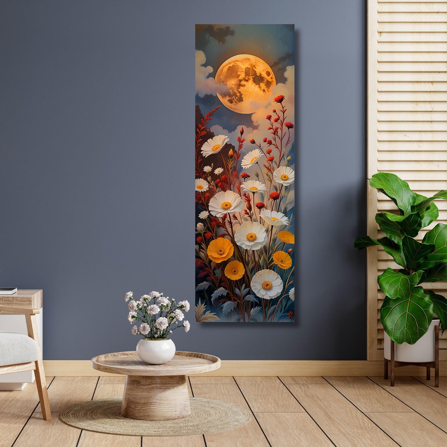Klimt-Inspired Wildflower Canvas Art: Moonlit Forest, Rustic Mountain Decor