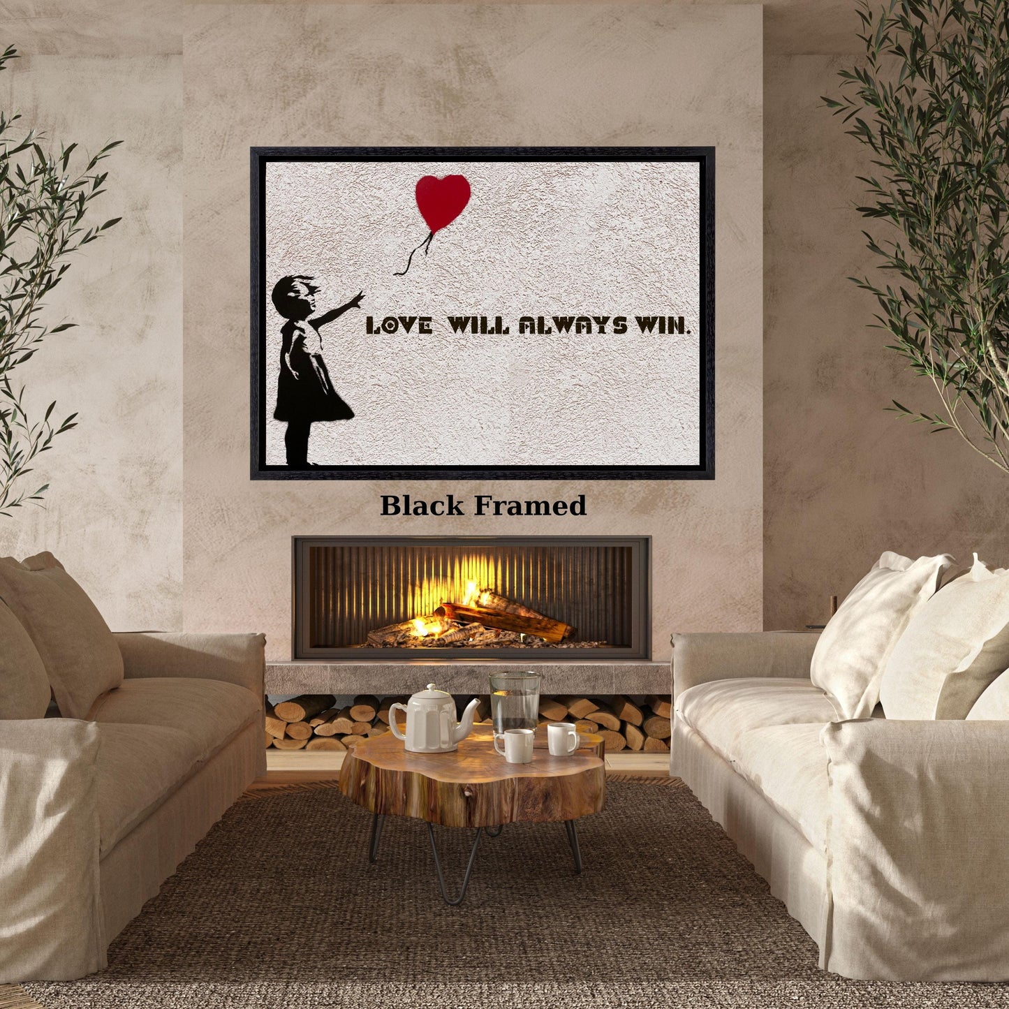 Banksy Love Will Always Win Canvas Wall Art, Girl with Heart Balloon Graffiti, Framed Ready to Hang Modern Street Art, Inspirational Poster