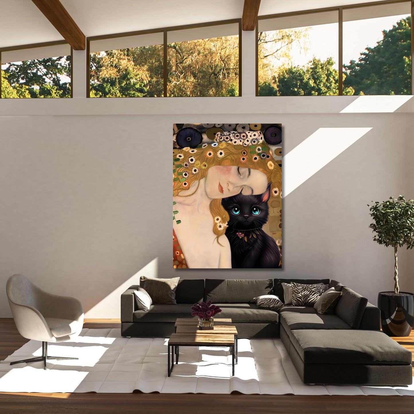 Gustav Klimt Inspired Mother and Cat Canvas – Whimsical Art Nouveau Style Wall Art – Cozy Decorative Print for Home or Nursery poster canvas