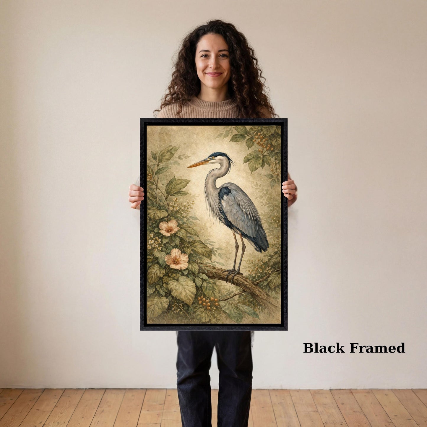 Blue Heron in Floral Garden Wall Hanging, Antique Style Bird Canvas, Sage Green and Cream Botanical Decor, Sophisticated Living Room Focal