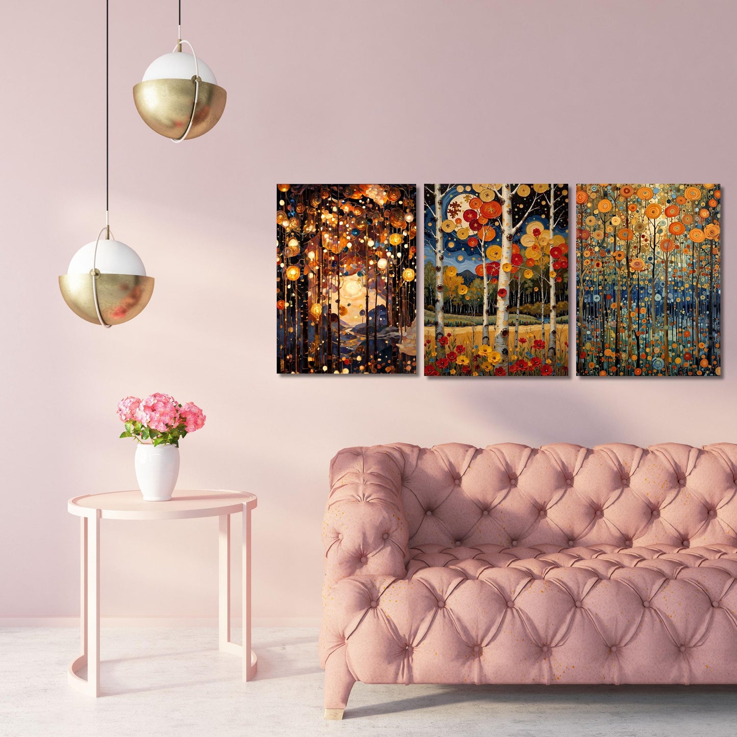 Set of 3 Gustav Klimt Night Canvas Wall Art Klimt style Klimt Moon Stars Canvas Wall Art Modern Living Room Gold Flowers Night Sky wall art