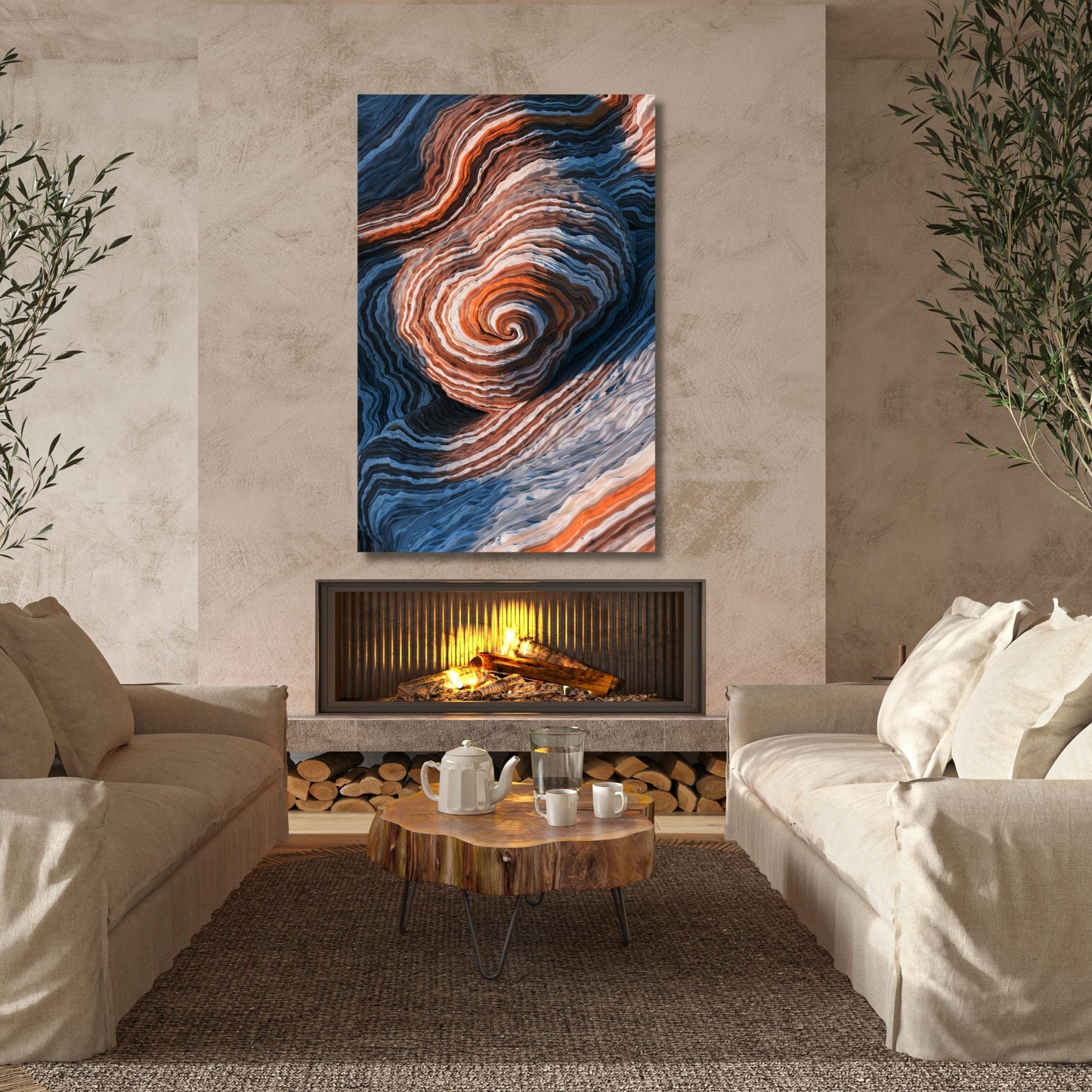 Abstract Swirl Rock Formation Canvas Art, Blue and Orange Geological Wall Decor, Modern Layered Canyon Texture Mural, Tall Vertical Nature