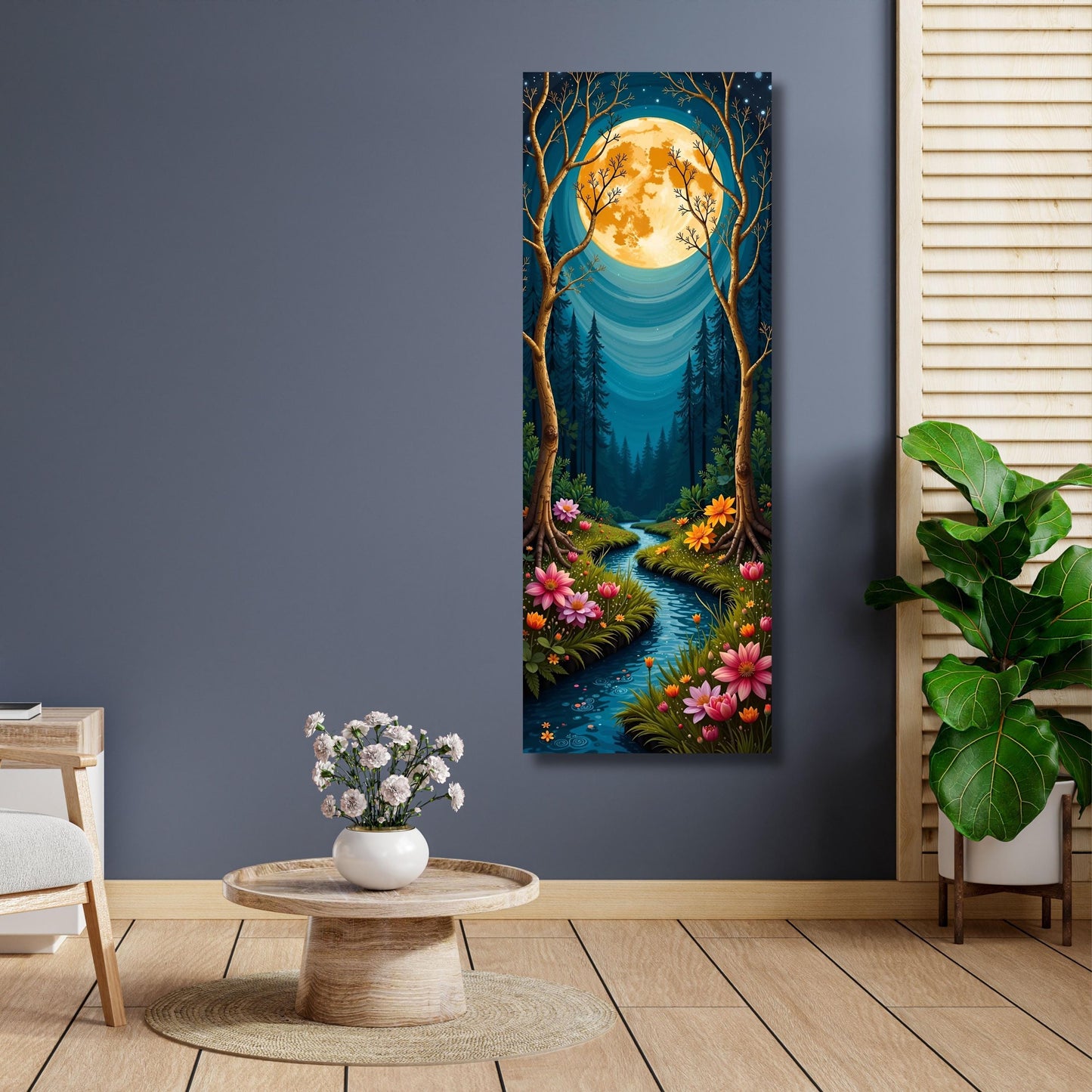 Gustav Klimt Style Magical Forest Canvas Wall Art with Full Moon Sky and River Dreamy Nature Print for Bedroom or Living Room Wall Decor