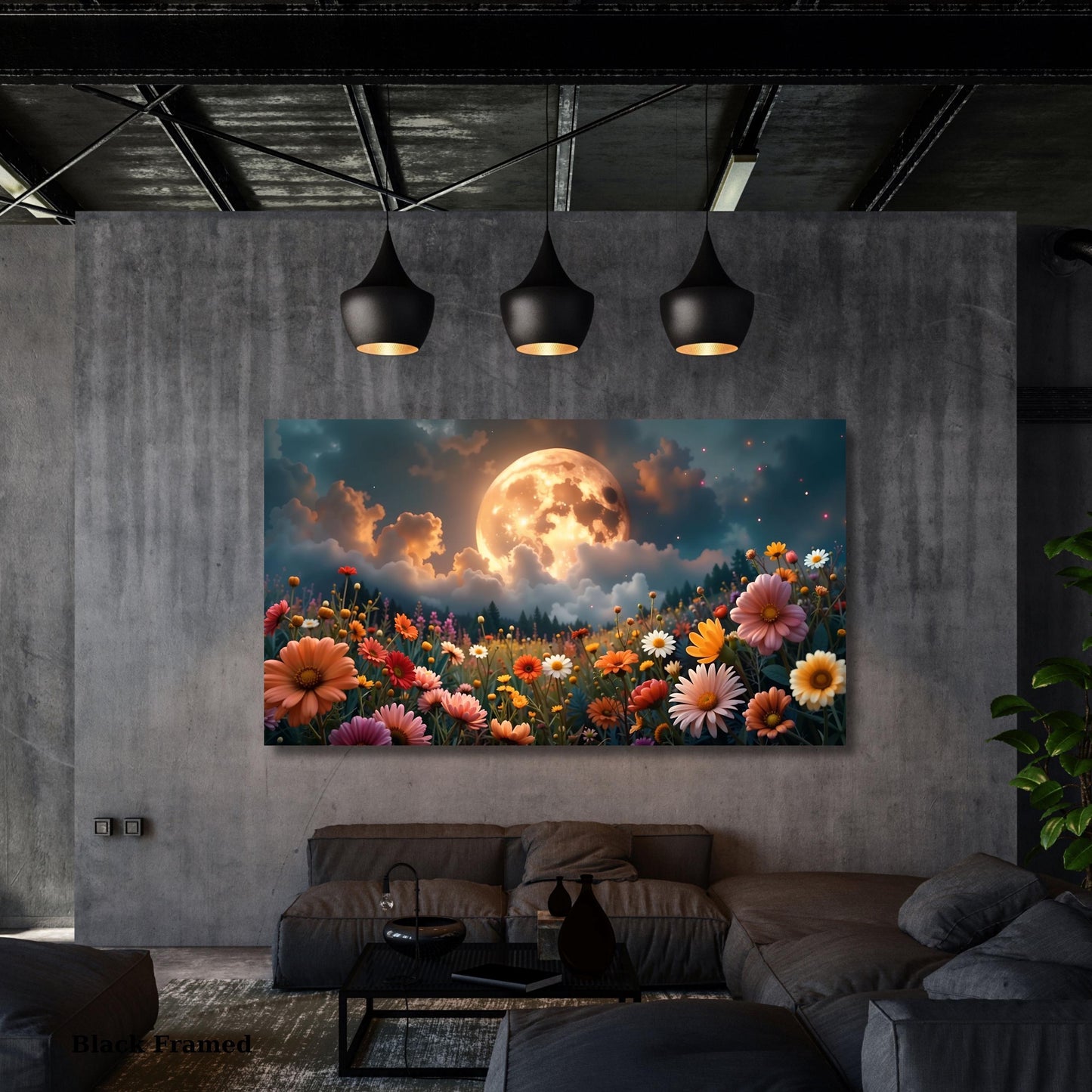 Full Moon Wildflower Canvas, Flower Garden Flower Market canvas, Moonlit Pine Tree Forest wall Art, Rustic Mountain Art, Woodland Klimt Gift