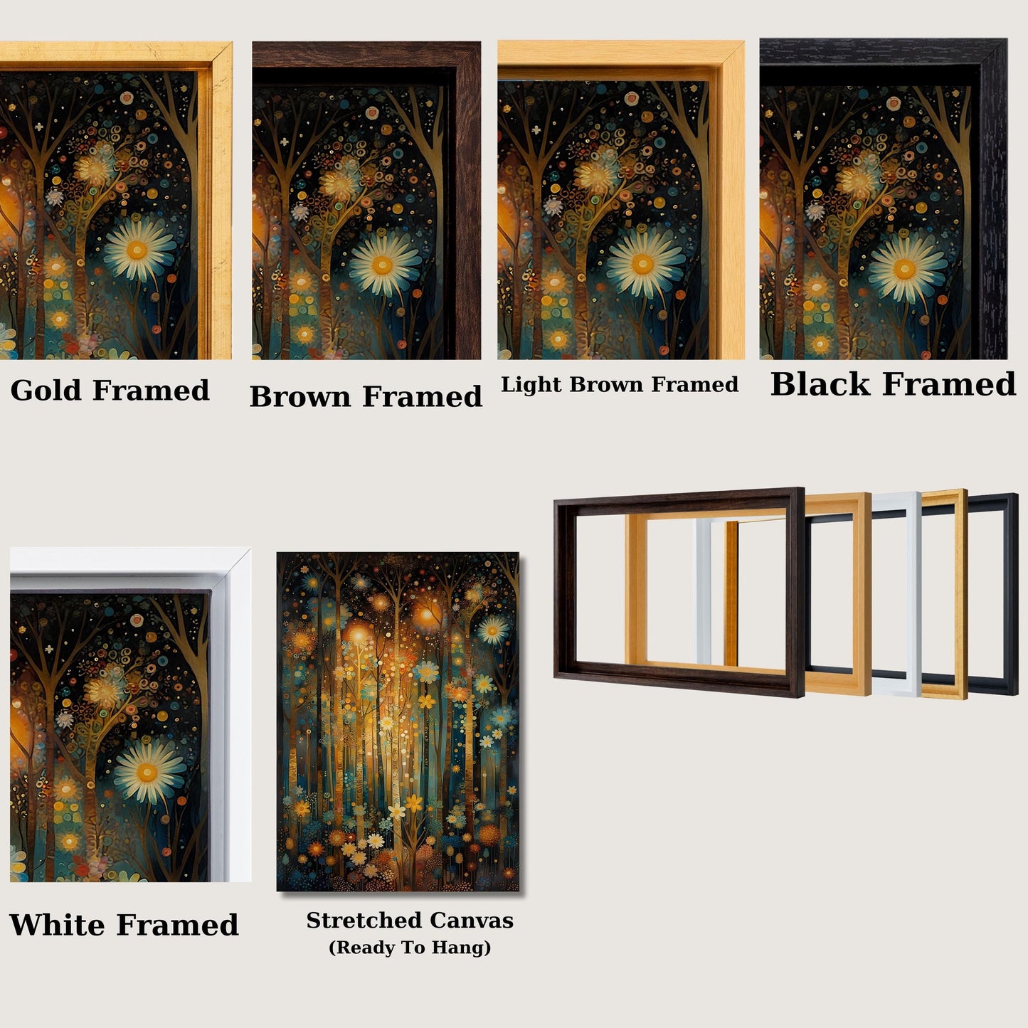 a set of four doors with a picture of a forest and flowers on them
