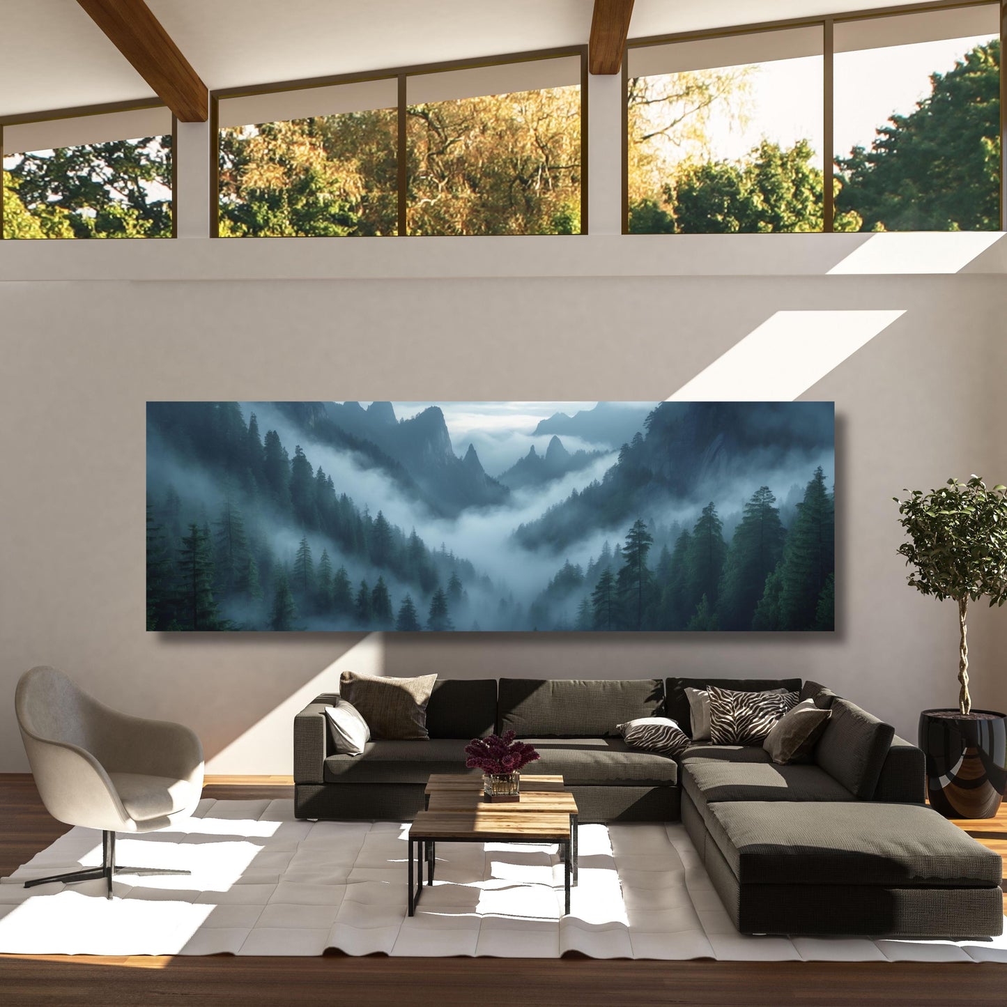 Panoramic Forest mountains Canvas Wall print misty foggy mountains photography green forest landscape print large nature wall Exhibition art