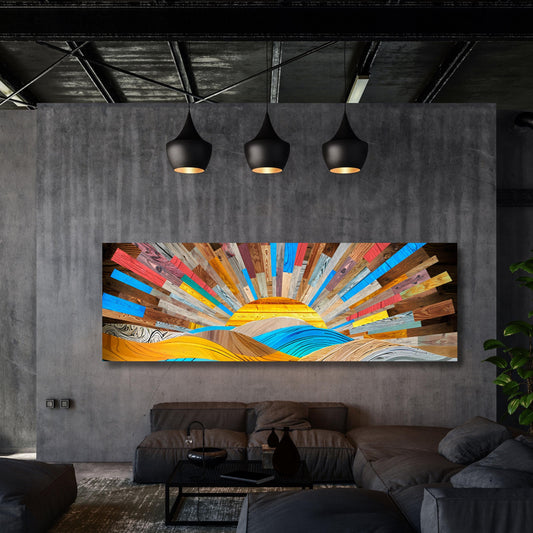 Boho Sunrise Canvas Wall Art – Wood Look Sun Print for Bedroom or Office – Natural Above Bed Decor – Earthy Bohemian Home Gift Print art