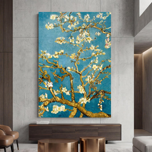 Vincent Van Gogh Almond Blossoms Style Canvas, Vertical Floral Wall Art, Reimagined Modern Blossom Print,Gold and Blue Flower Art