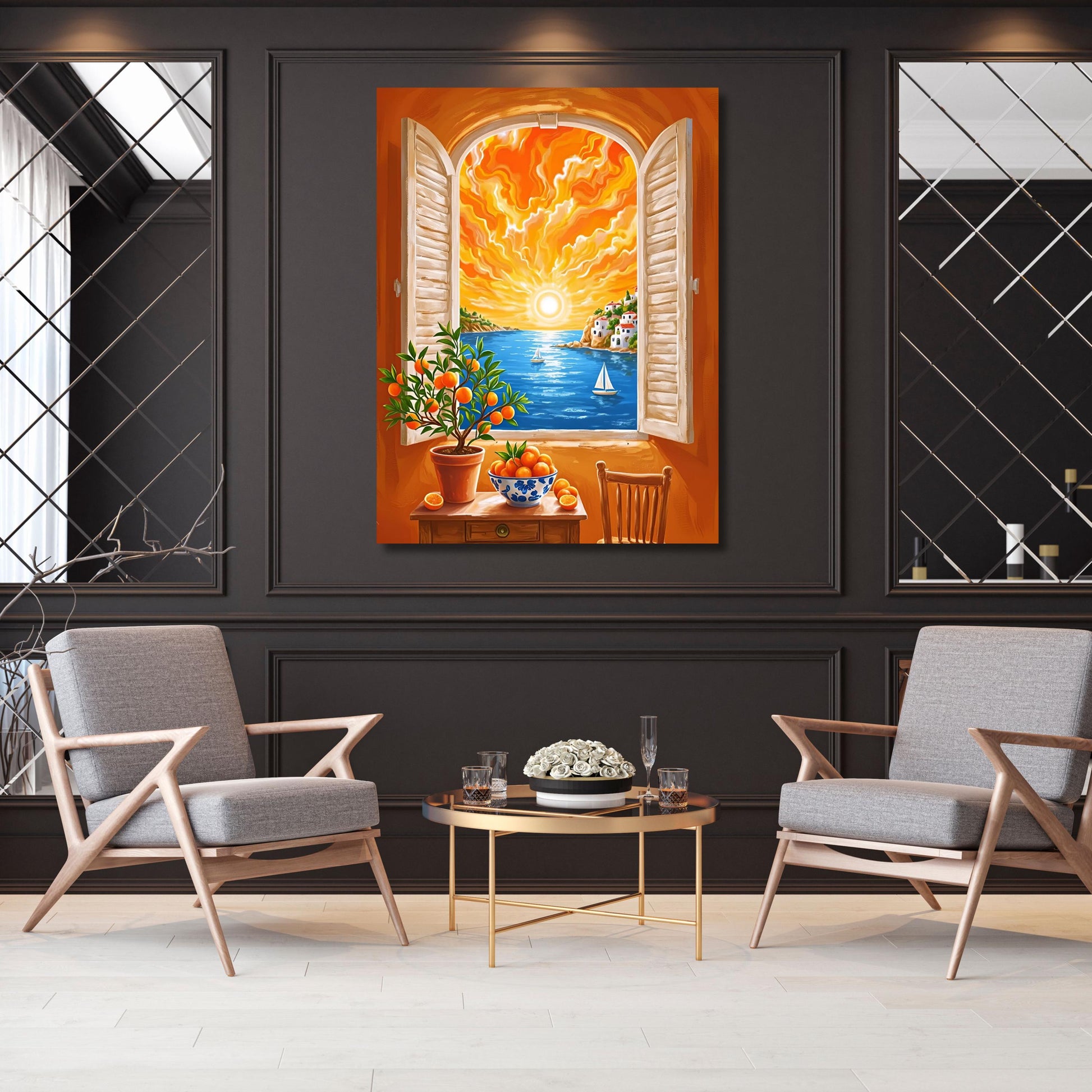 May include: An oil painting depicts a vibrant sunset over a coastal scene, viewed through an open window with shutters. A potted orange tree and a bowl of oranges sit on a table. A small sailboat is on the water.
