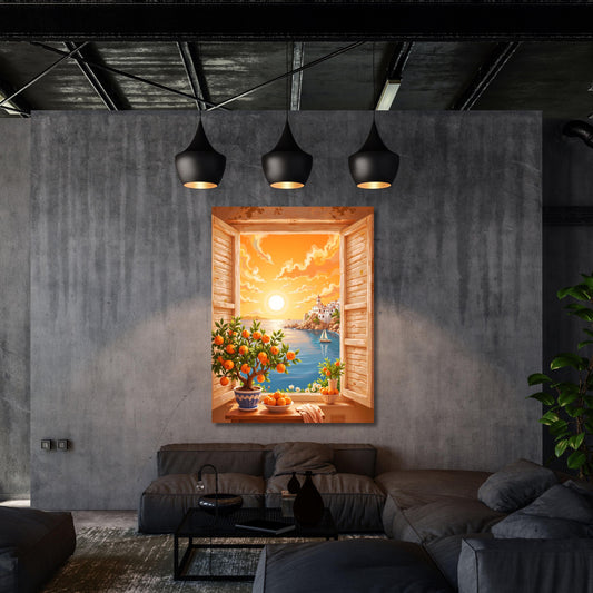 May include: A framed canvas art print depicting a vibrant coastal scene. The artwork showcases an open window overlooking a sunset over the sea, with a small sailboat and a distant village. A potted orange tree with ripe oranges sits on a table.