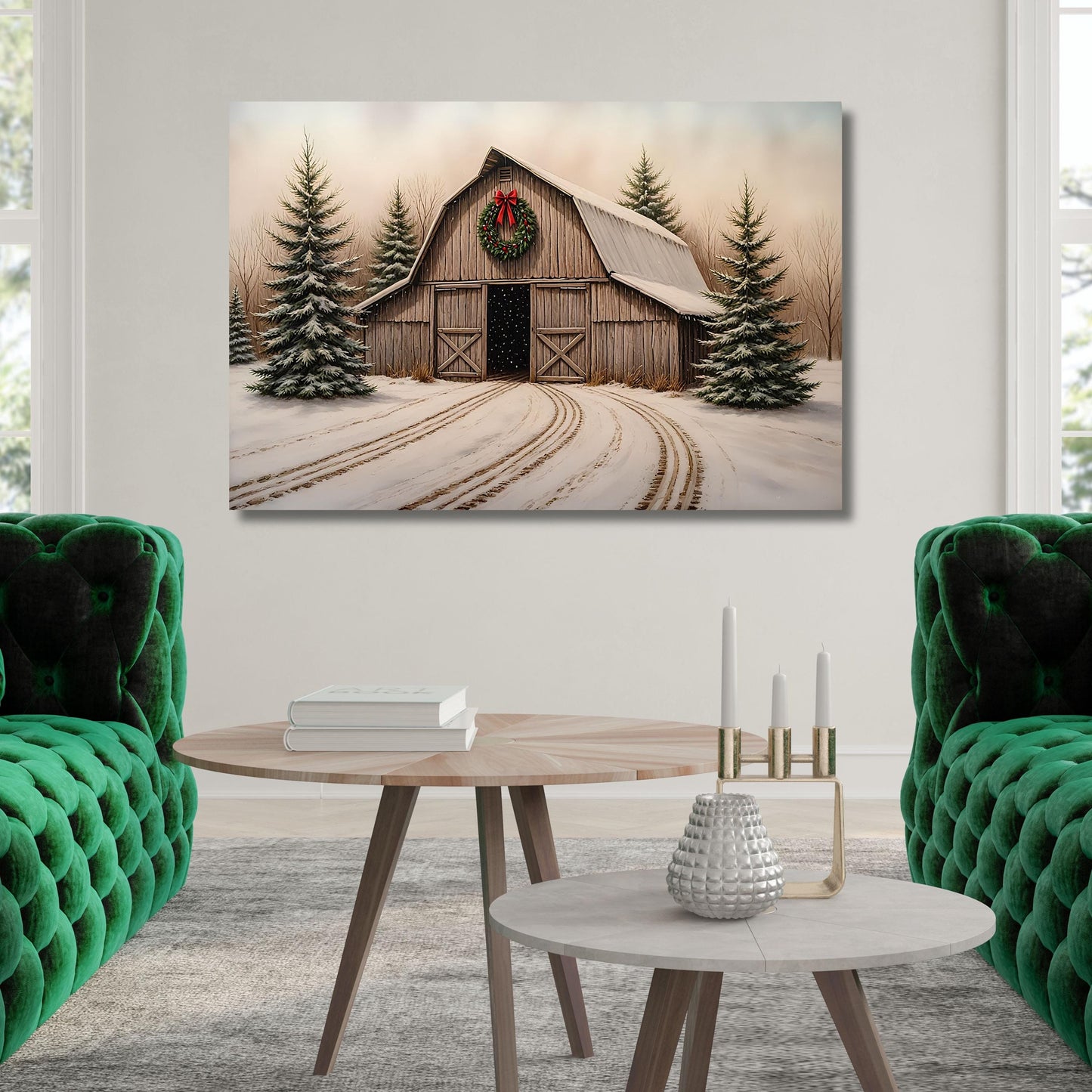 Christmas Farmhouse Canvas Art: Vintage Barn, Winter Scene