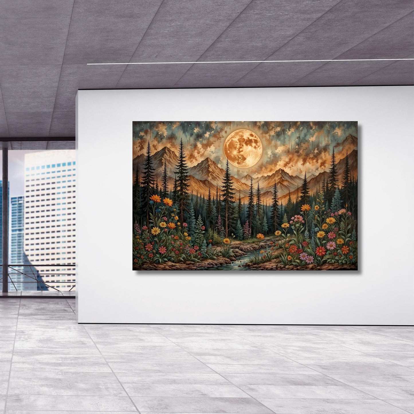 Klimt Inspired Moonlit Forest Canvas Art: Rustic Mountain Flower Print
