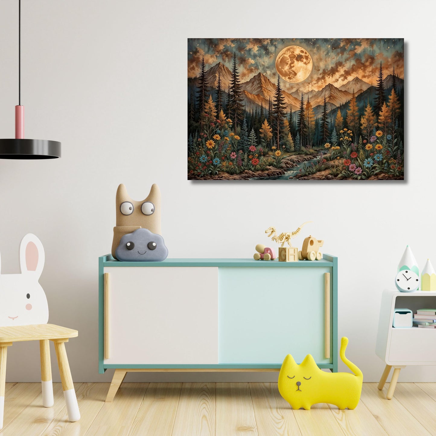 Full Moon Wildflower Canvas, Flower Garden Flower Market canvas, Moonlit Pine Tree Forest wall Art, Rustic Mountain Art, Woodland Klimt Gift