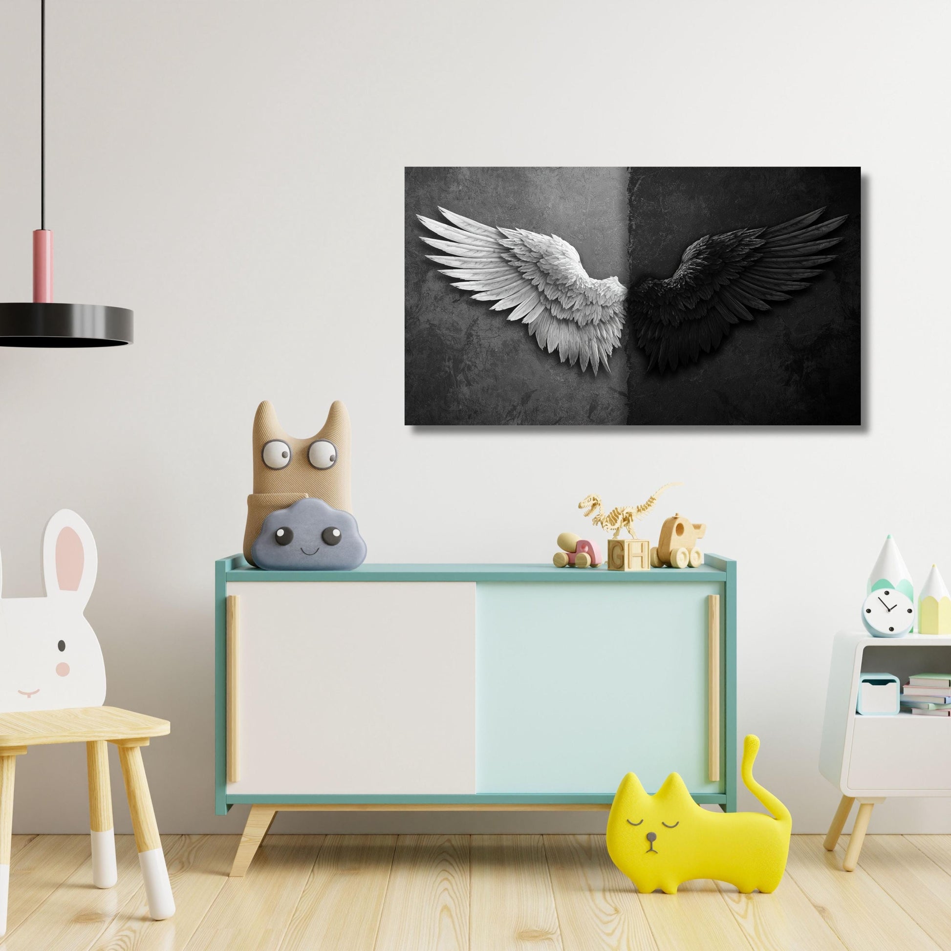 A modern and colorful children's room with a large black and white winged sculpture on the wall, a small cabinet, and various toys and decorations.
