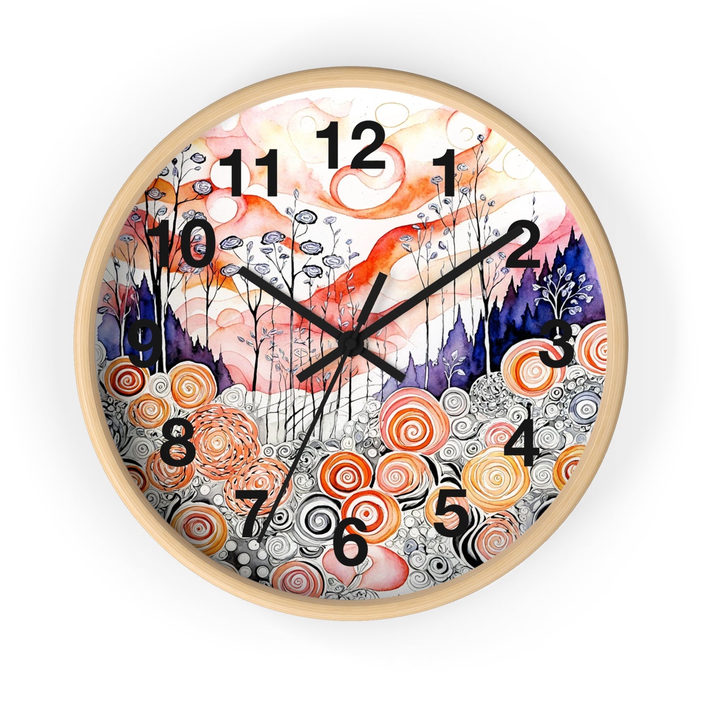 Whimsical Swirl Garden Wall Clock | Abstract Floral Landscape