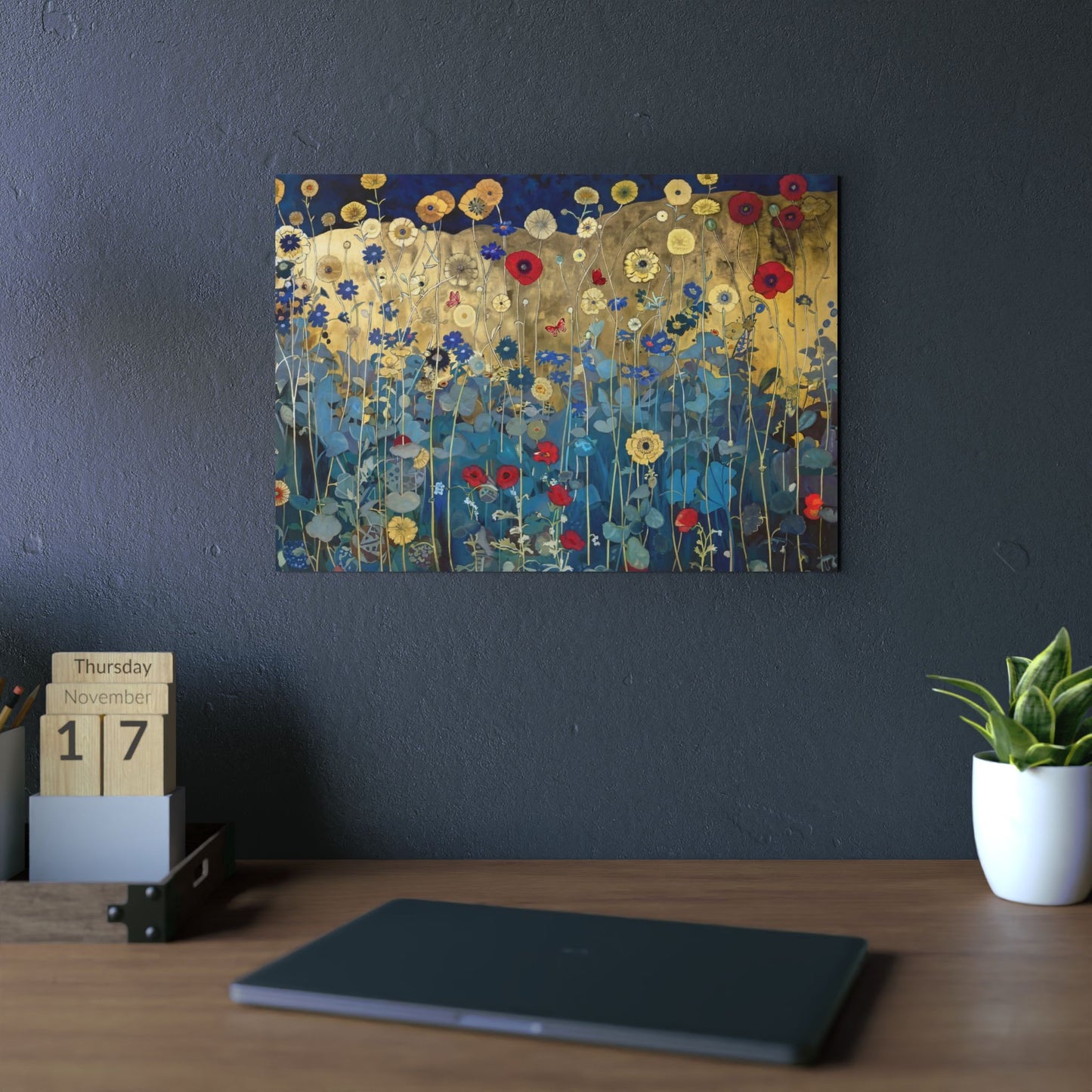 Floral Field Aluminum Art Panel — Gold & Teal Wildflower Wall Decor