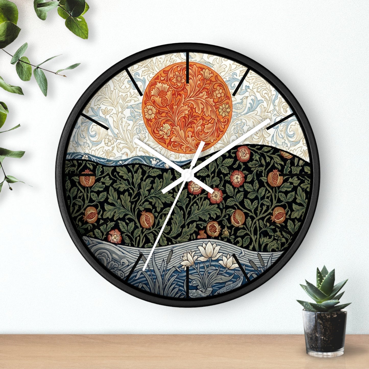 William Morris Style Floral Sun Wall Clock | Botanical Art Clock