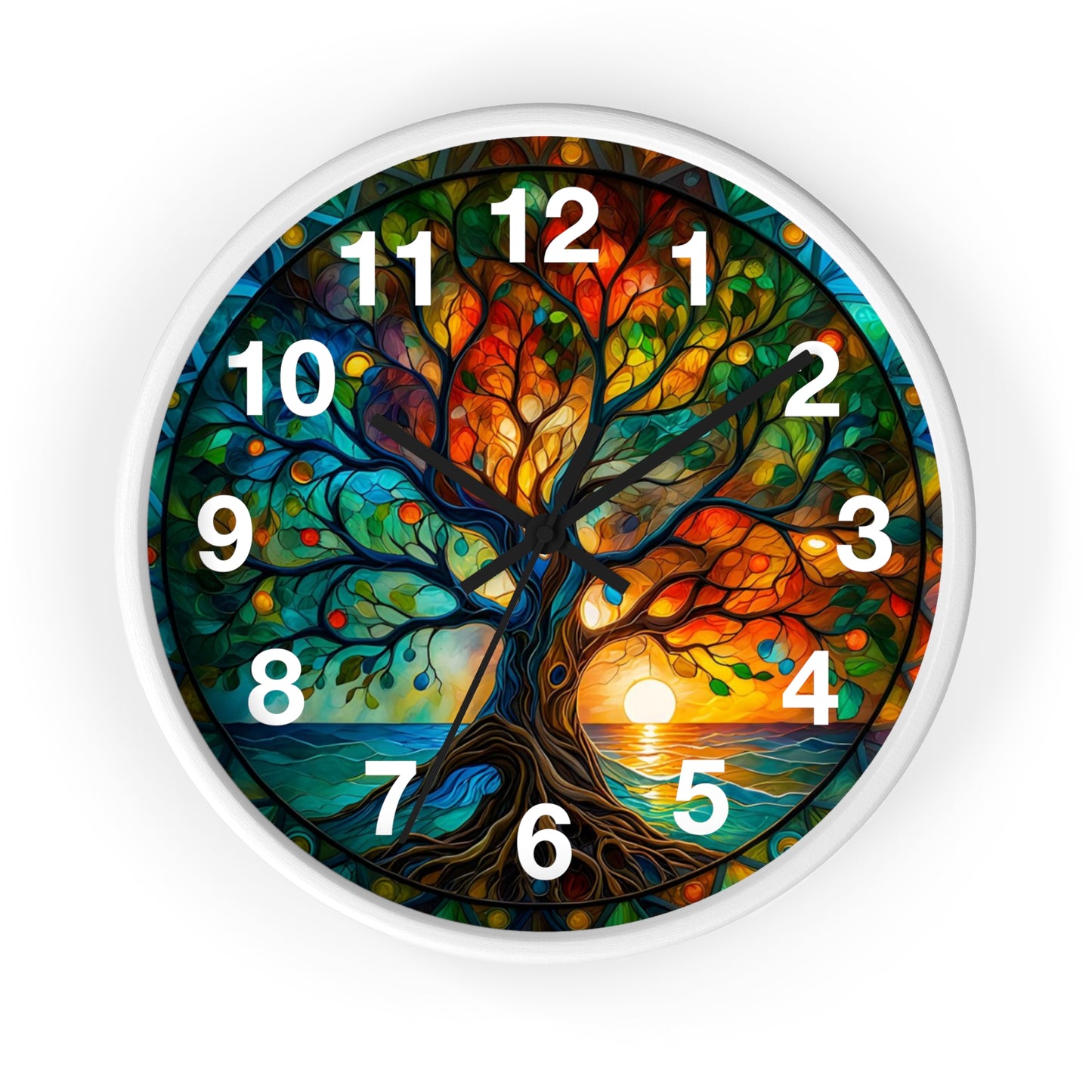 Stained Glass Tree of Life Wall Clock | Colorful Sunset Nature Decor