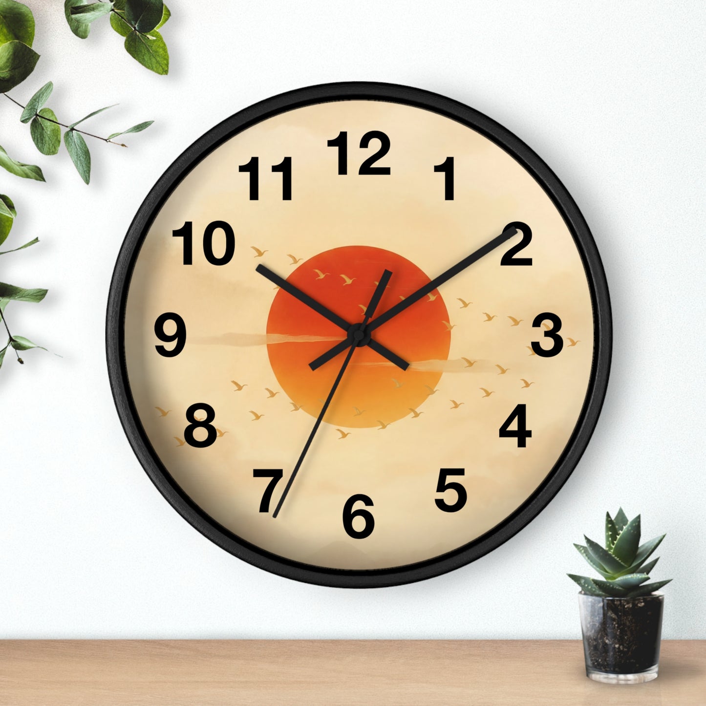 Sunset Sun with Flying Birds Wall Clock | Minimal Retro Sunrise Design