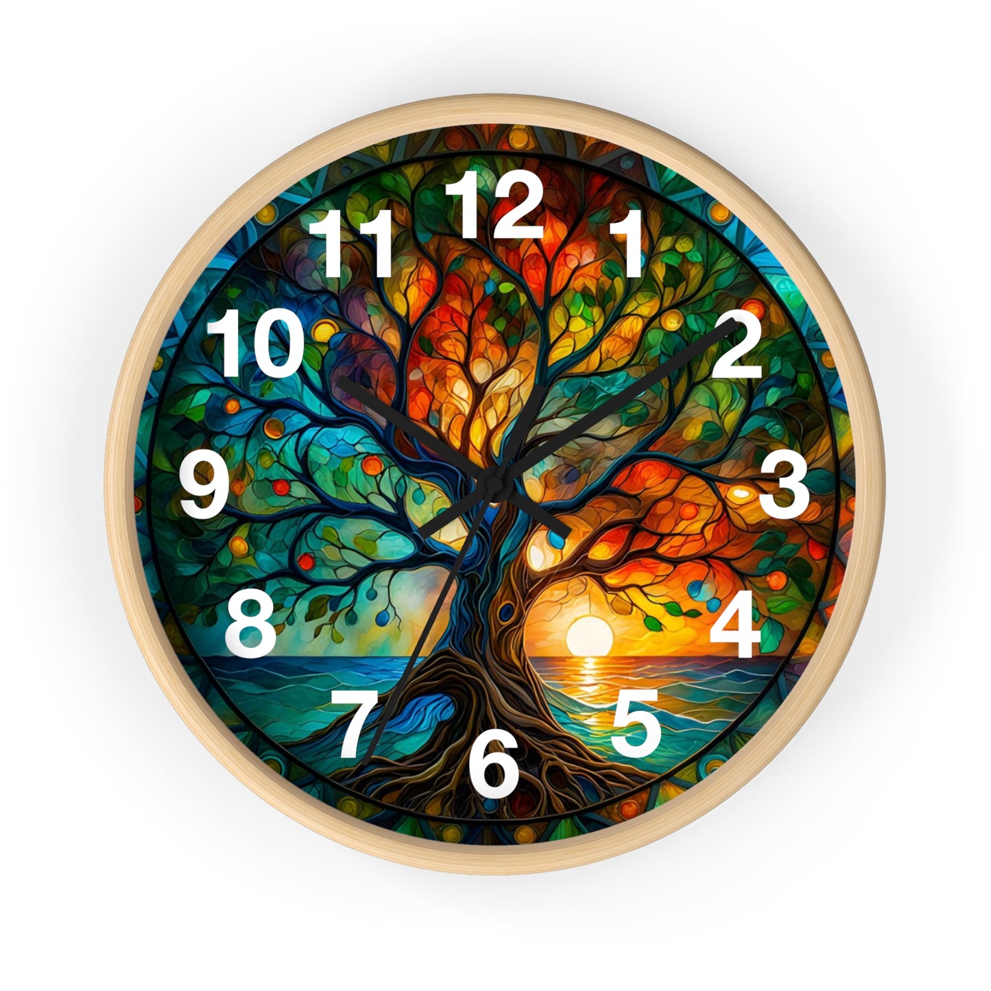 Stained Glass Tree of Life Wall Clock | Colorful Sunset Nature Decor