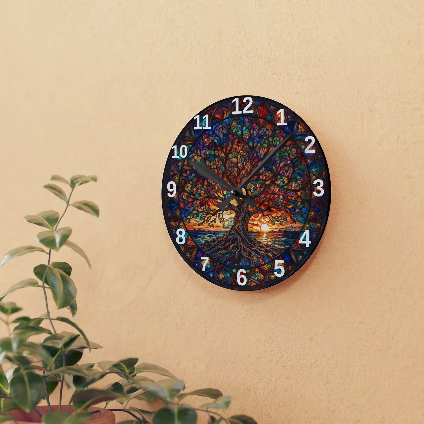 Stained Glass Tree of Life Acrylic Wall Clock | Colorful Sunset Nature Decor