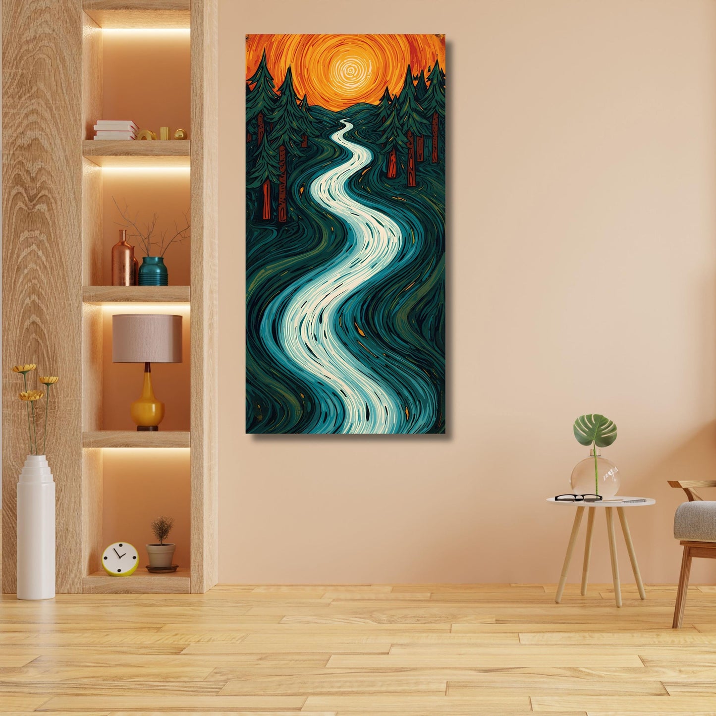 Vertical Nature Print - Tall Modern Tree & Mountain Wall Decor for Hallway