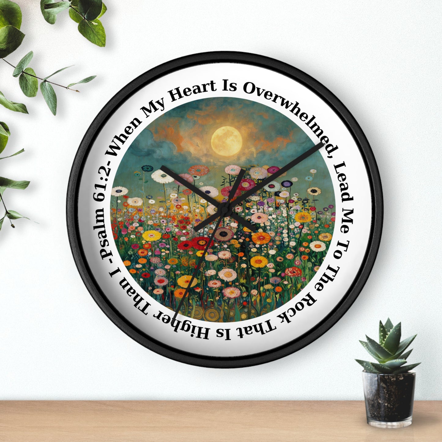 Moonlit Wildflower Field Wall Clock | Psalm 61:2 Scripture Clock