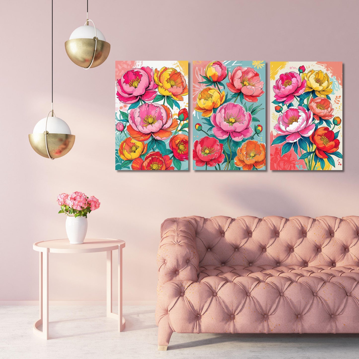 Set of 3 Summer Peony Canvas Prints Colorful Quirky Handdrawn Floral Wall Art Bright Botanical Flowers for Bedroom Kitchen or Gallery Wall