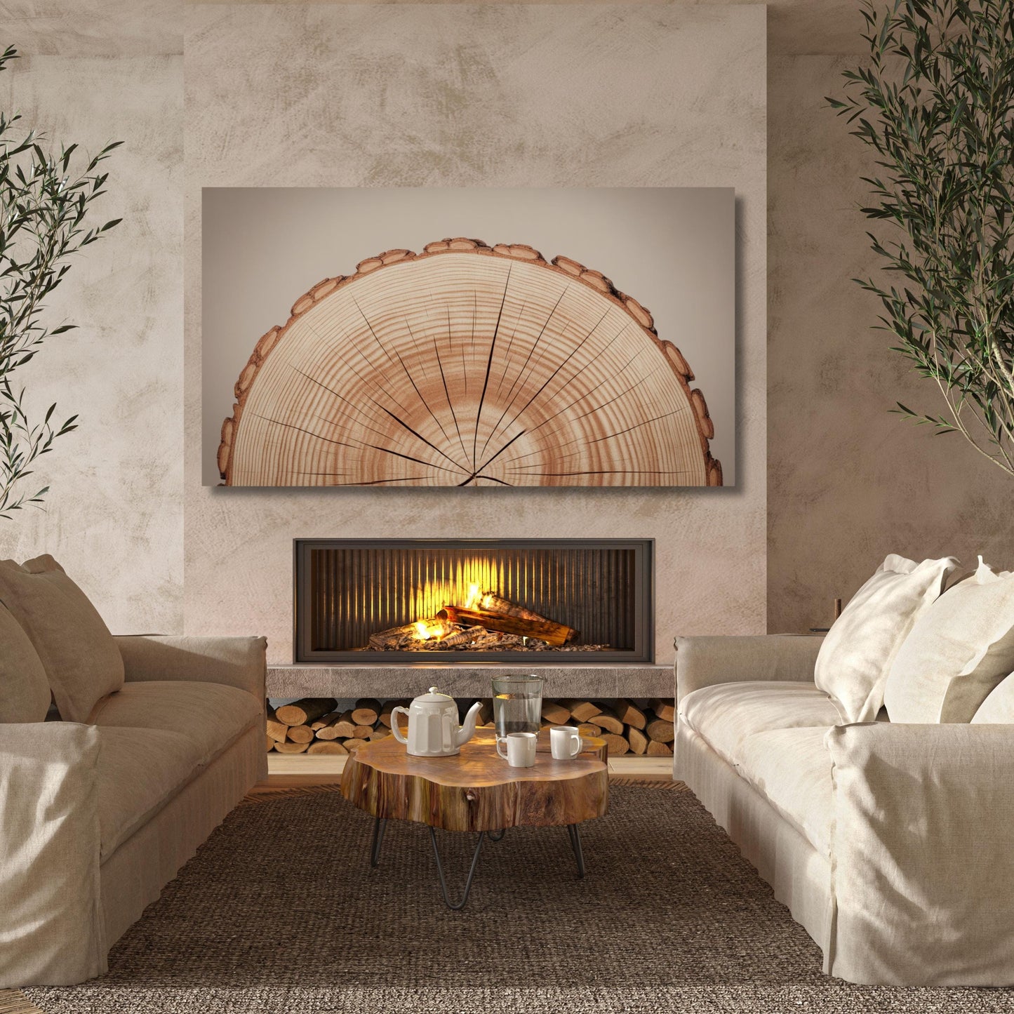 a cozy living room with a fireplace, a wooden coffee table, and two beige sofas arranged around it. A large tree trunk print is displayed on the wall above the fireplace, adding a rustic touch to the room's decor.
