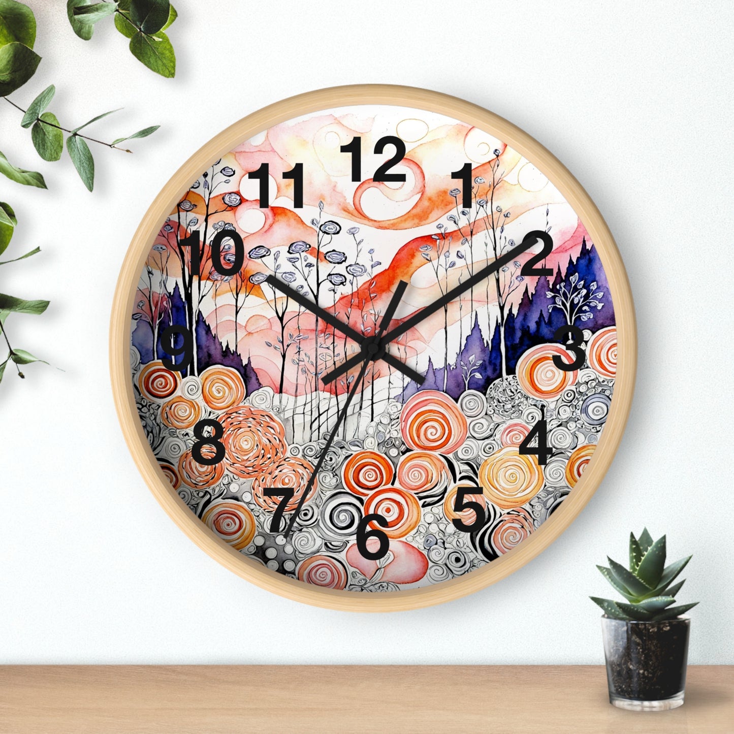 Whimsical Swirl Garden Wall Clock | Abstract Floral Landscape