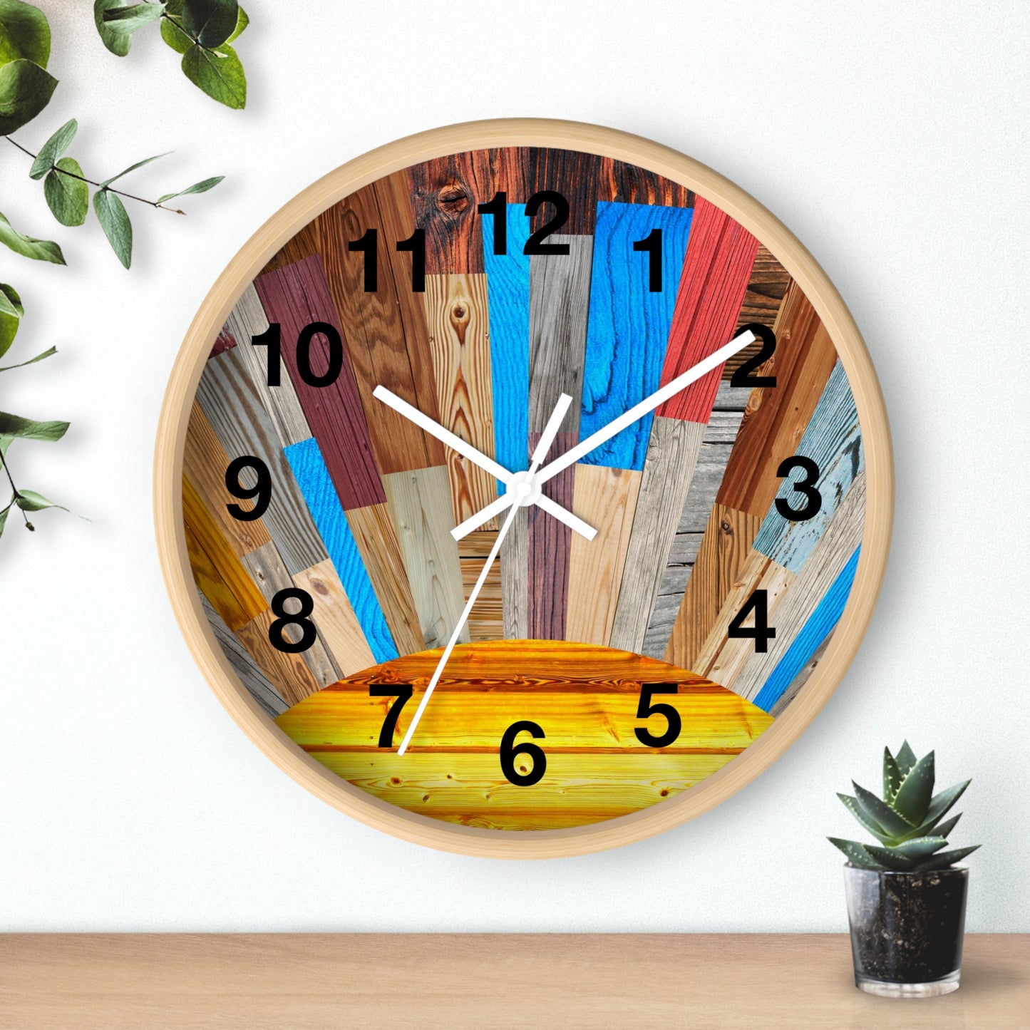 Sunrise Wood Planks Wall Clock | Colorful Rustic Sunburst