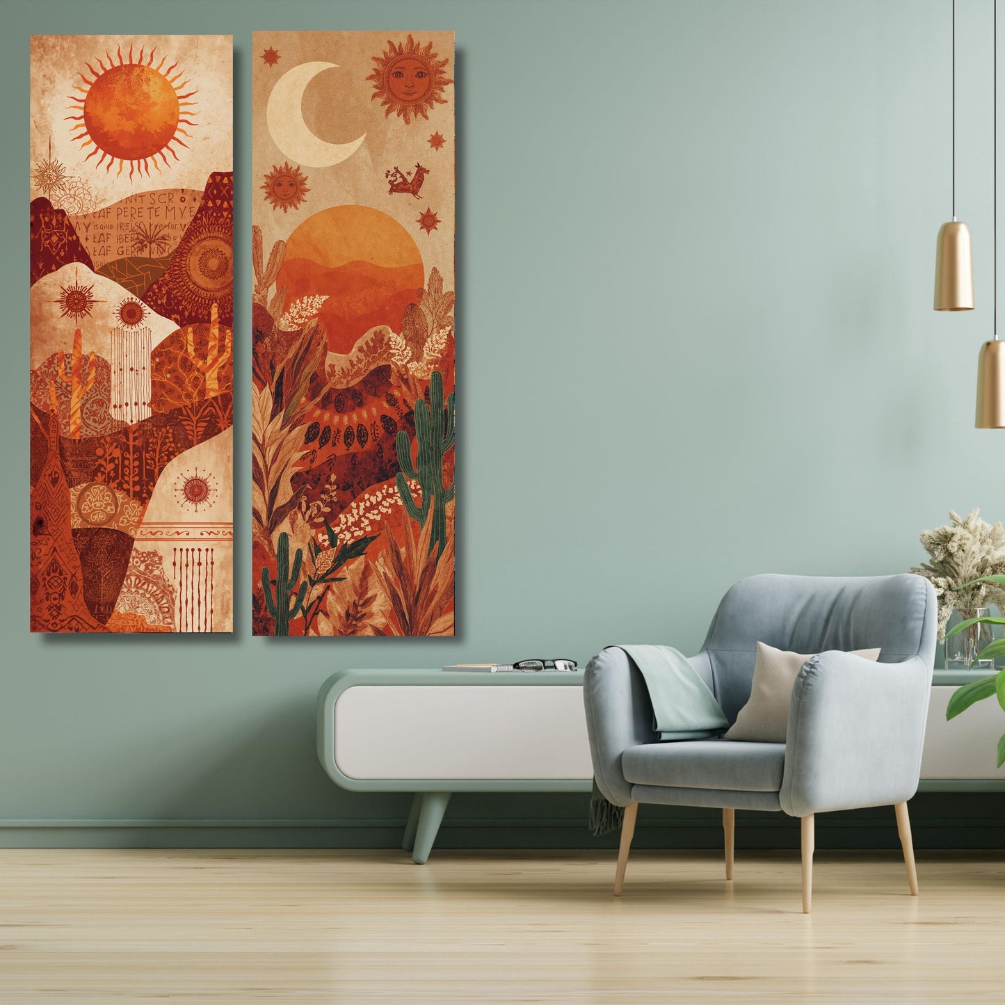 Set of 2 Long Narrow Klimt Inspired Botanical Landscape, Horizontal Boho Sun Moon Star Canvas Wall Art – Mystical Celestial Bohemian Decor