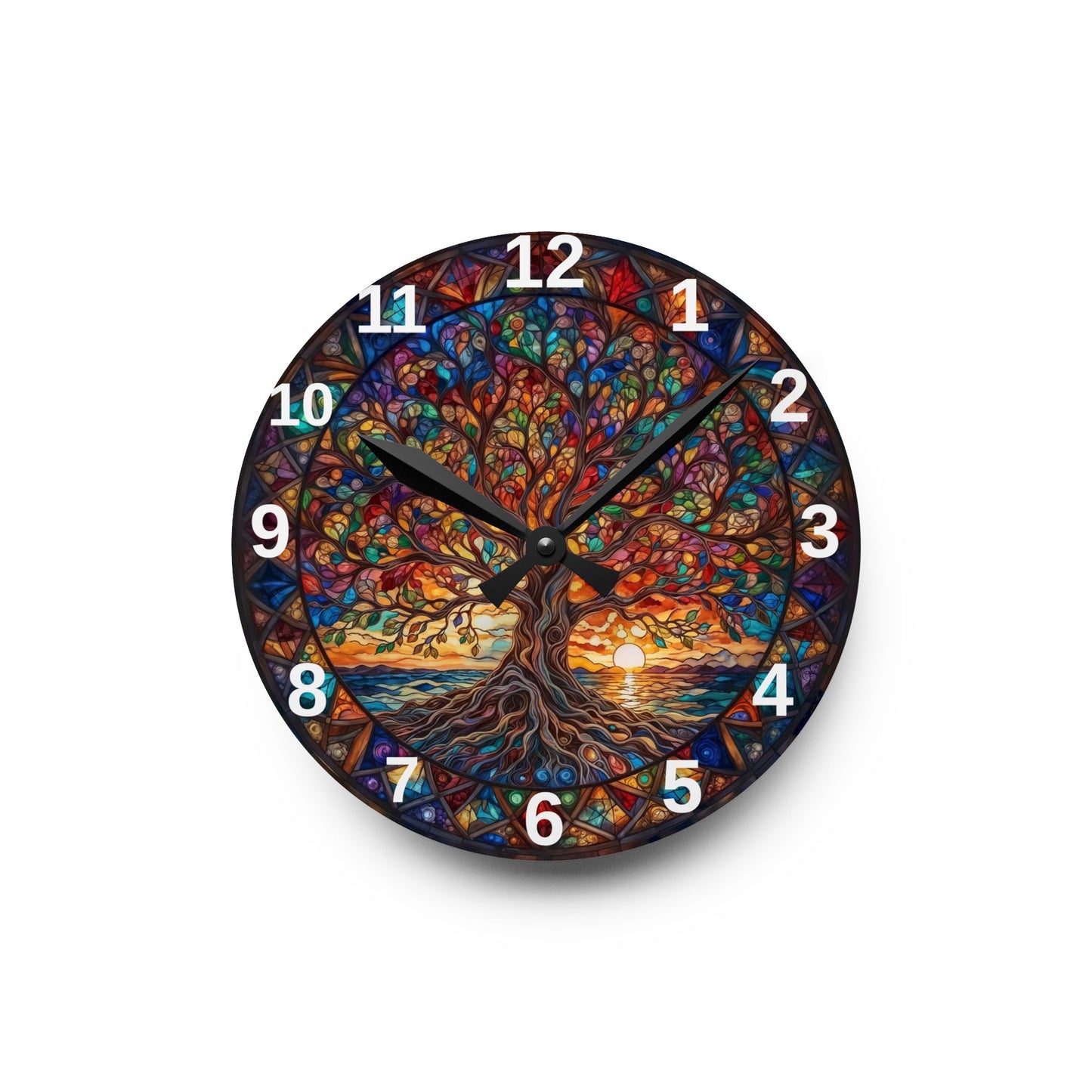 Stained Glass Tree of Life Acrylic Wall Clock | Colorful Sunset Nature Decor