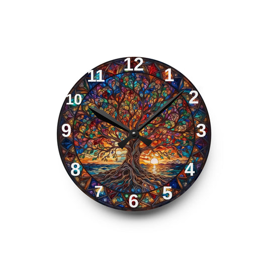 Stained Glass Tree of Life Acrylic Wall Clock | Colorful Sunset Nature Decor
