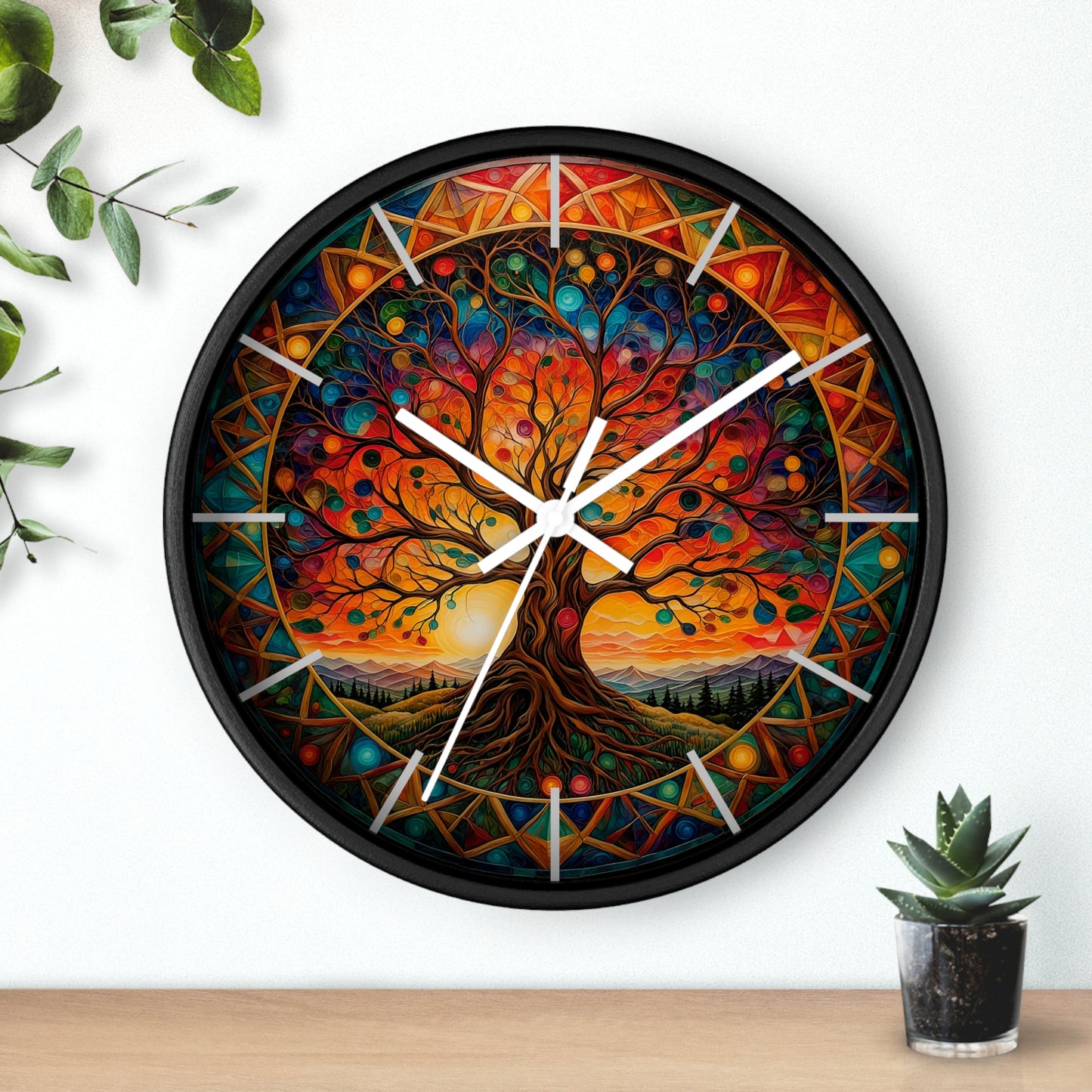 Colorful Tree of Life Wall Clock | Stained Glass Mandala, Sunset Landscape