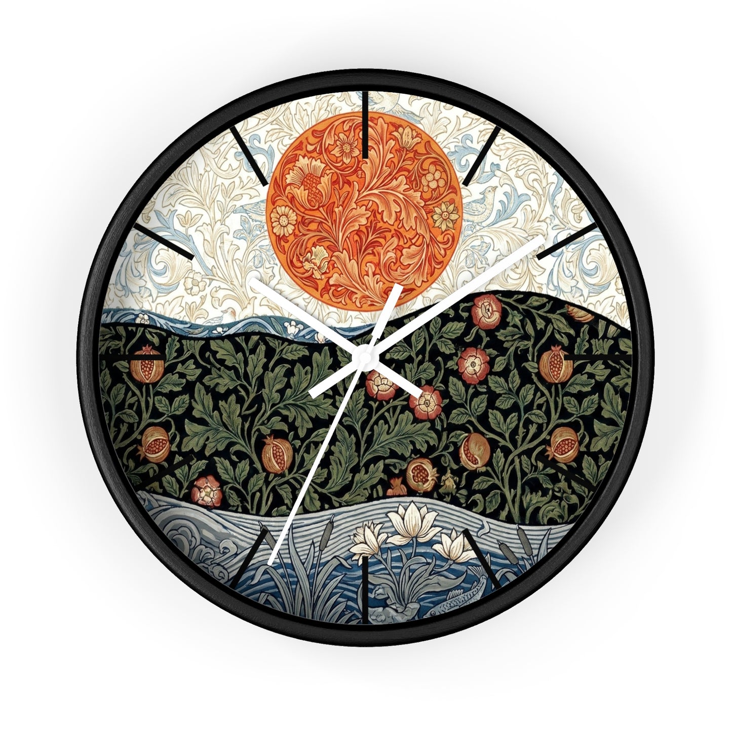 William Morris Style Floral Sun Wall Clock | Botanical Art Clock