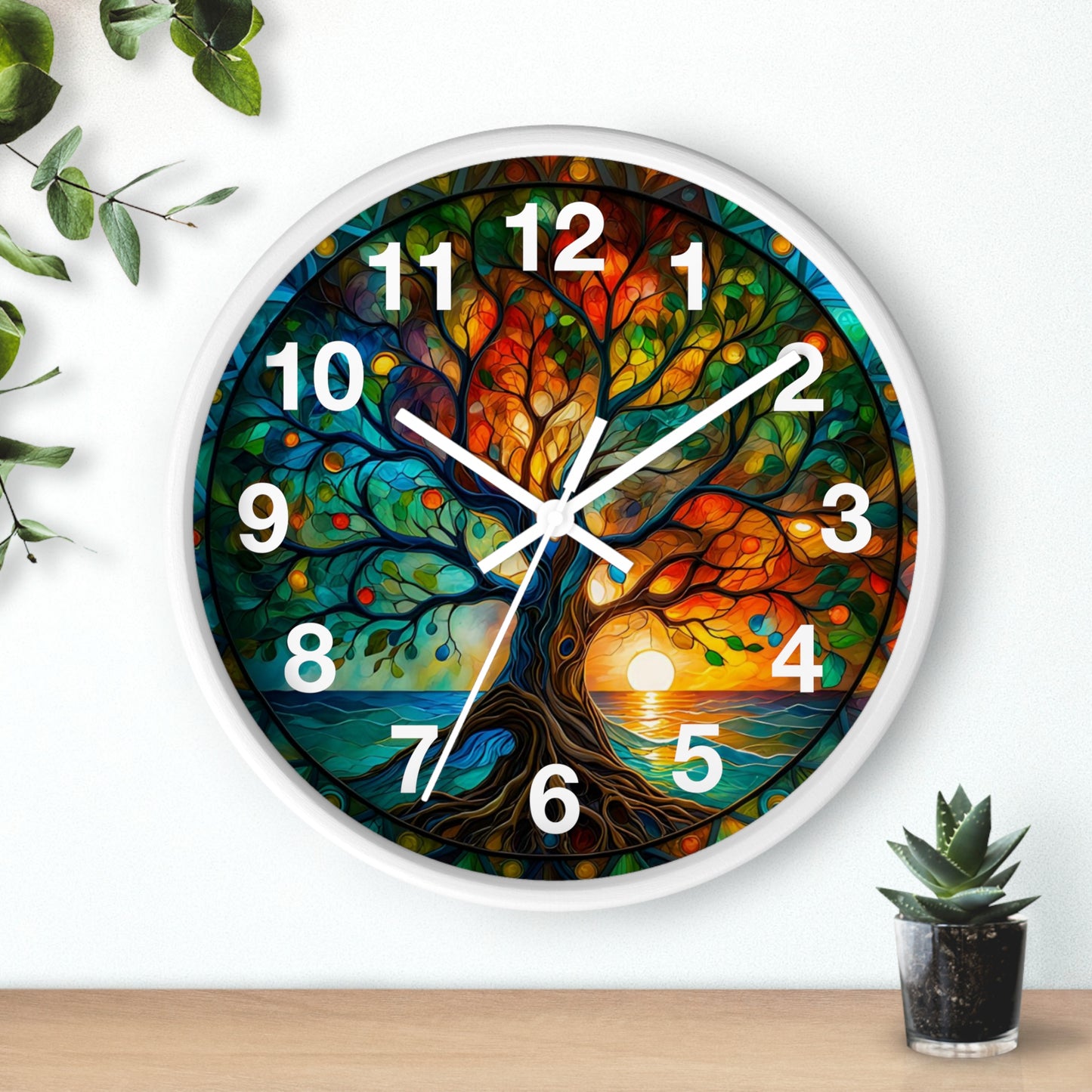 Stained Glass Tree of Life Wall Clock | Colorful Sunset Nature Decor