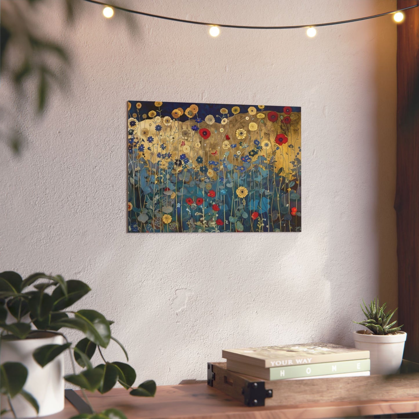 Floral Field Aluminum Art Panel — Gold & Teal Wildflower Wall Decor