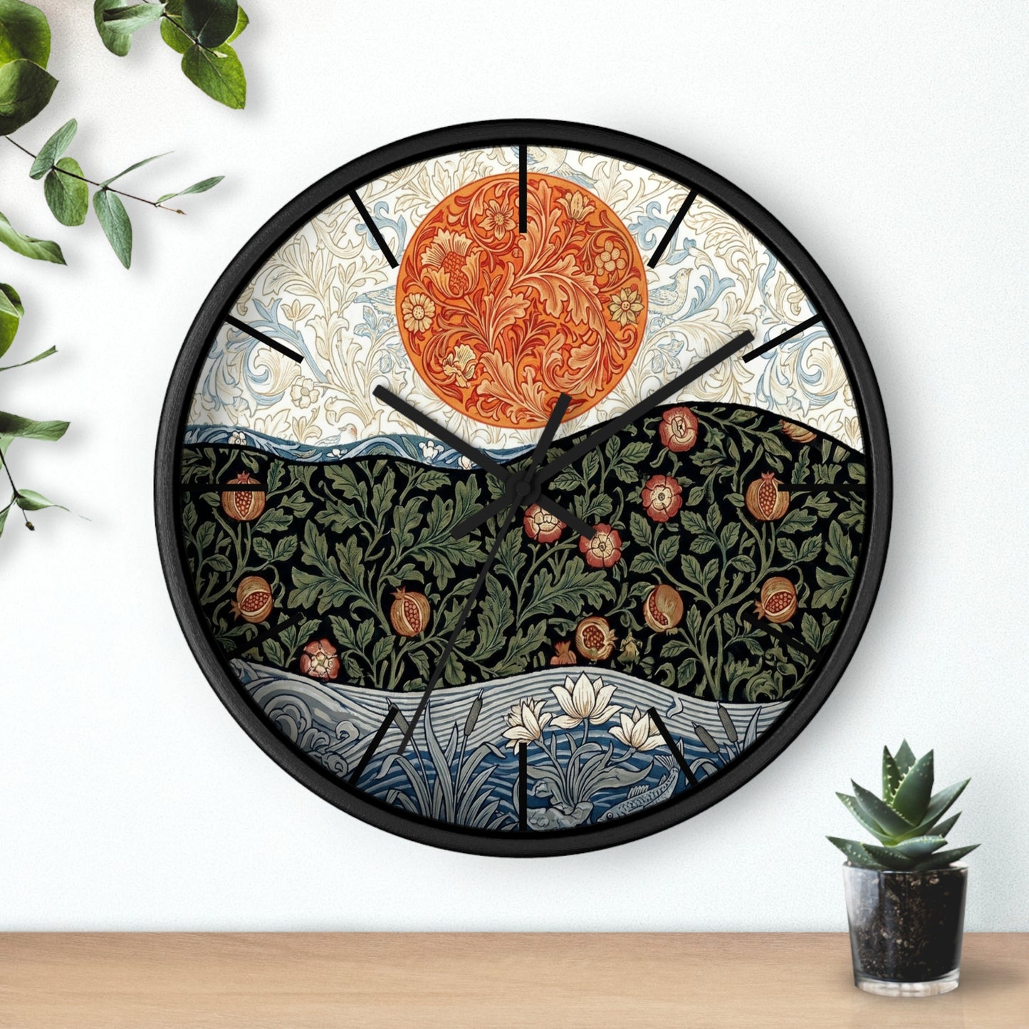 William Morris Style Floral Sun Wall Clock | Botanical Art Clock