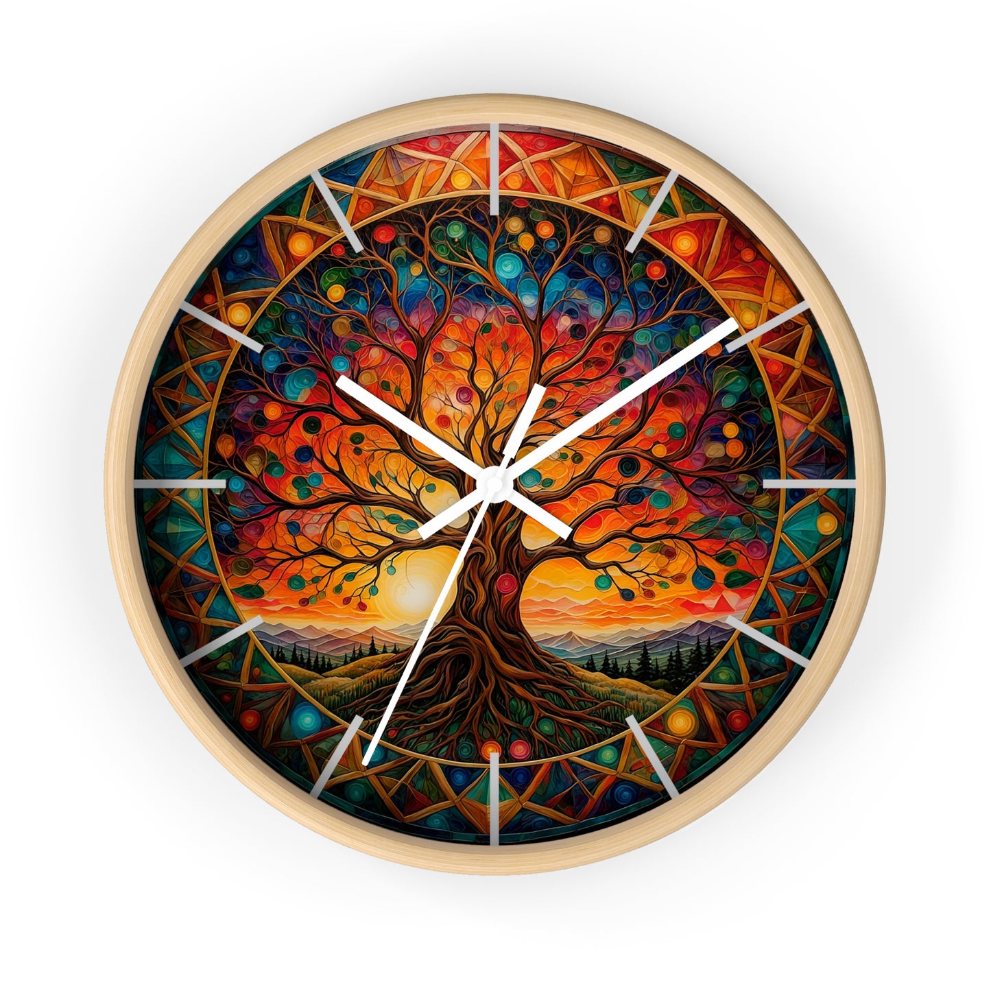 Colorful Tree of Life Wall Clock | Stained Glass Mandala, Sunset Landscape