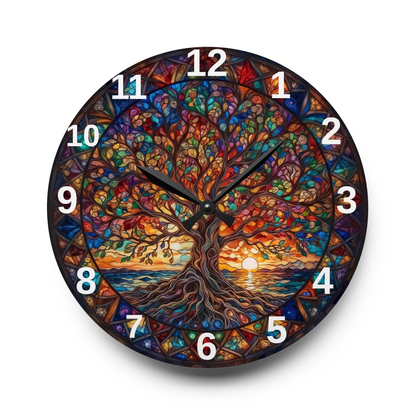 Stained Glass Tree of Life Acrylic Wall Clock | Colorful Sunset Nature Decor