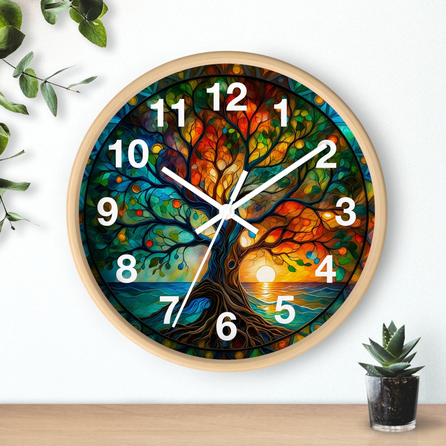 Stained Glass Tree of Life Wall Clock | Colorful Sunset Nature Decor