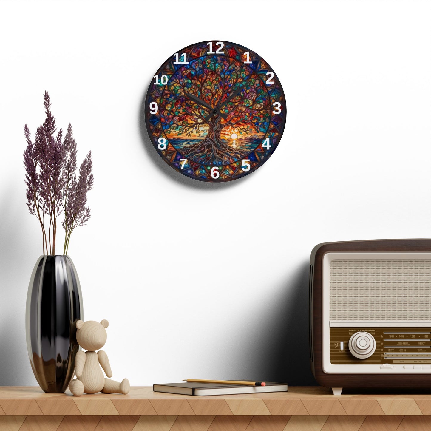 Stained Glass Tree of Life Acrylic Wall Clock | Colorful Sunset Nature Decor