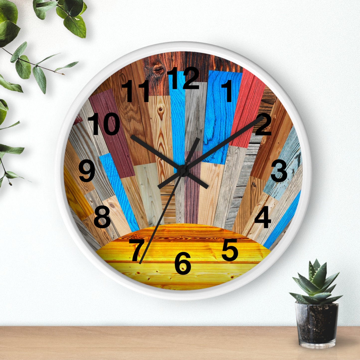 Sunrise Wood Planks Wall Clock | Colorful Rustic Sunburst