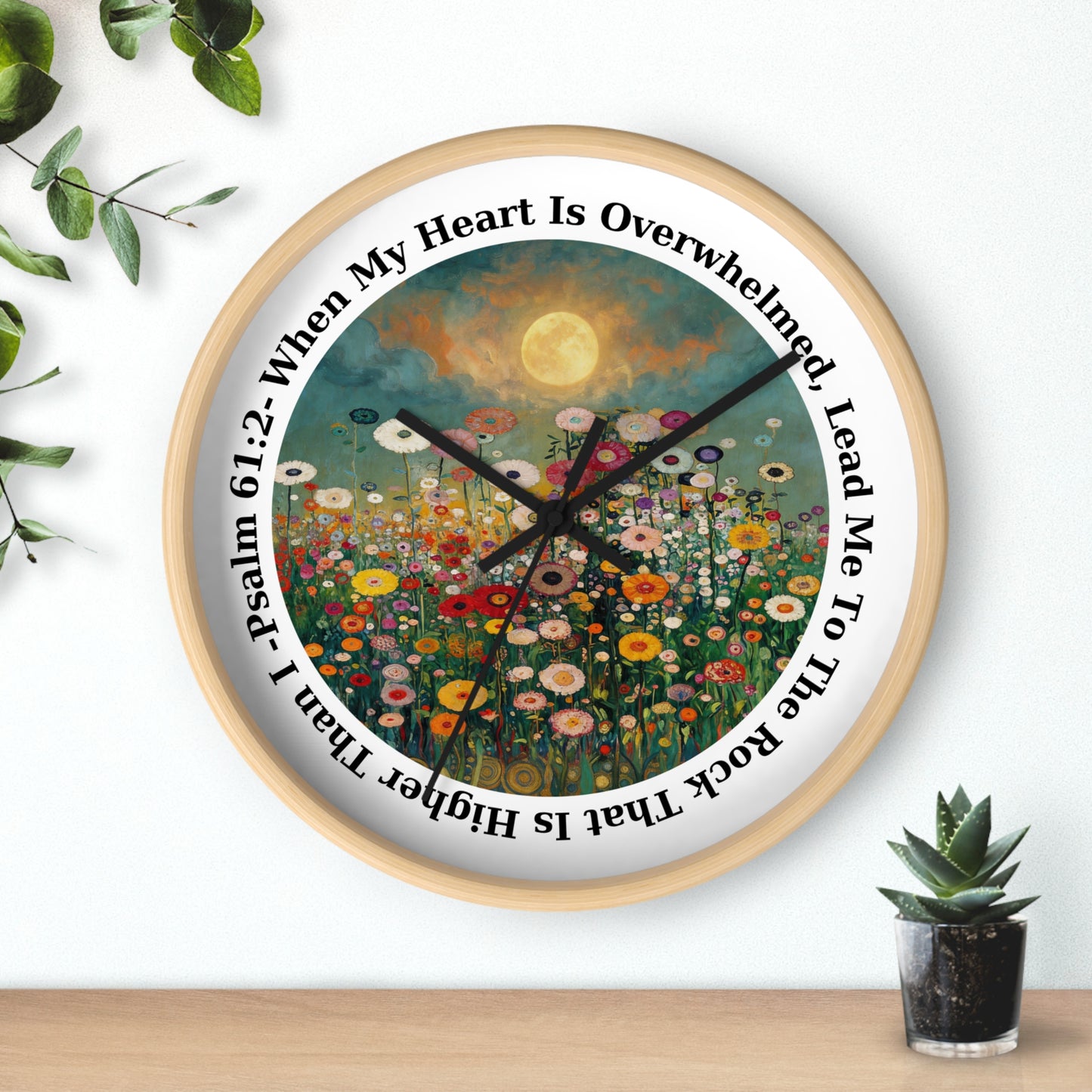 Moonlit Wildflower Field Wall Clock | Psalm 61:2 Scripture Clock