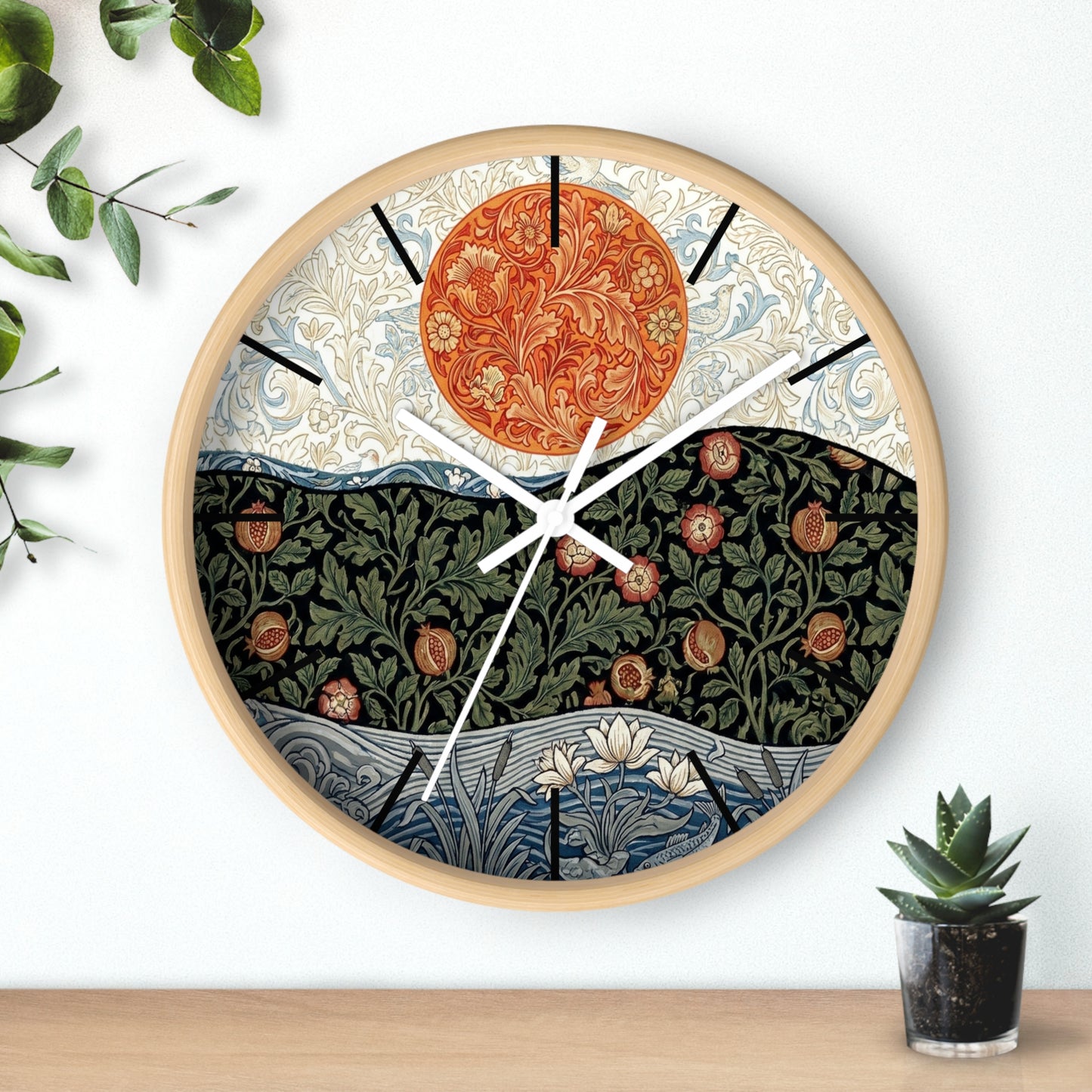 William Morris Style Floral Sun Wall Clock | Botanical Art Clock